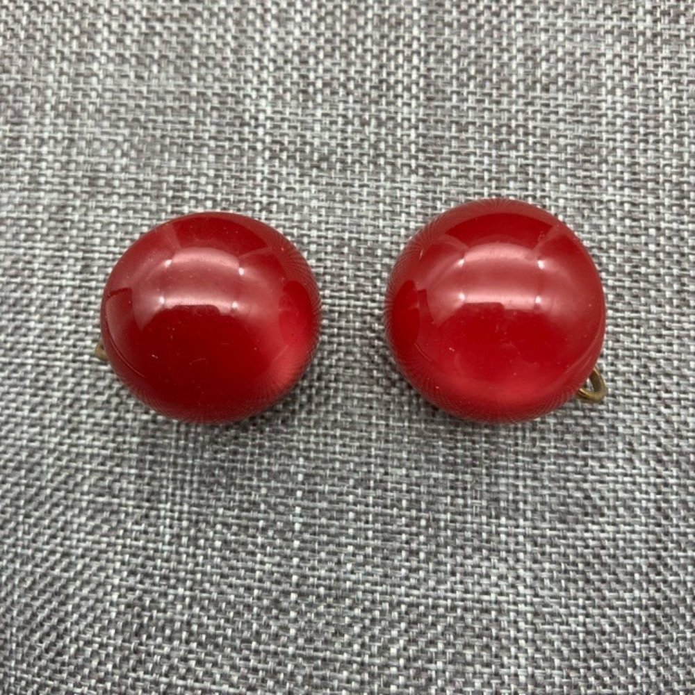 Clip On Earrings Red Moonstone Gold Round Domed Retro Vintage Granny Costume